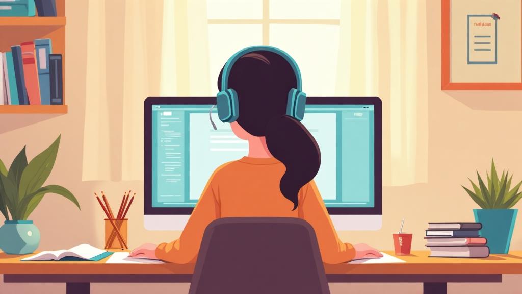 Illustrated college student studying at desk with computer